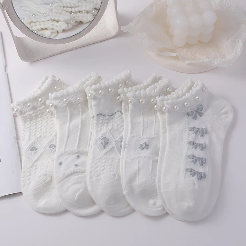 

5 Pairs White Blue Women Socks Low Cut Pearls Cute 3D Bow Flower Knited Short Tube Ankle Boat Socks Pack Set Pearl Decoration