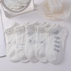 5 Pairs White Blue Women Socks Low Cut Pearls Cute 3D Bow Flower Knited Short Tube Ankle Boat Socks Pack Set Pearl Decoration