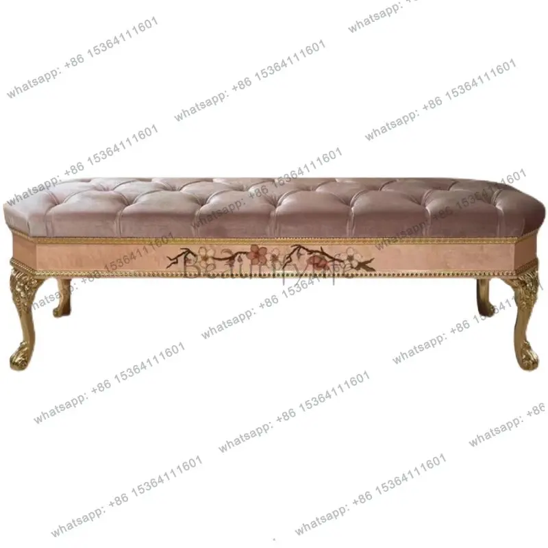 

French luxury European fritillary parquet solid wood gold foil blue velvet soft bag pull button end of bed shoe changing stool