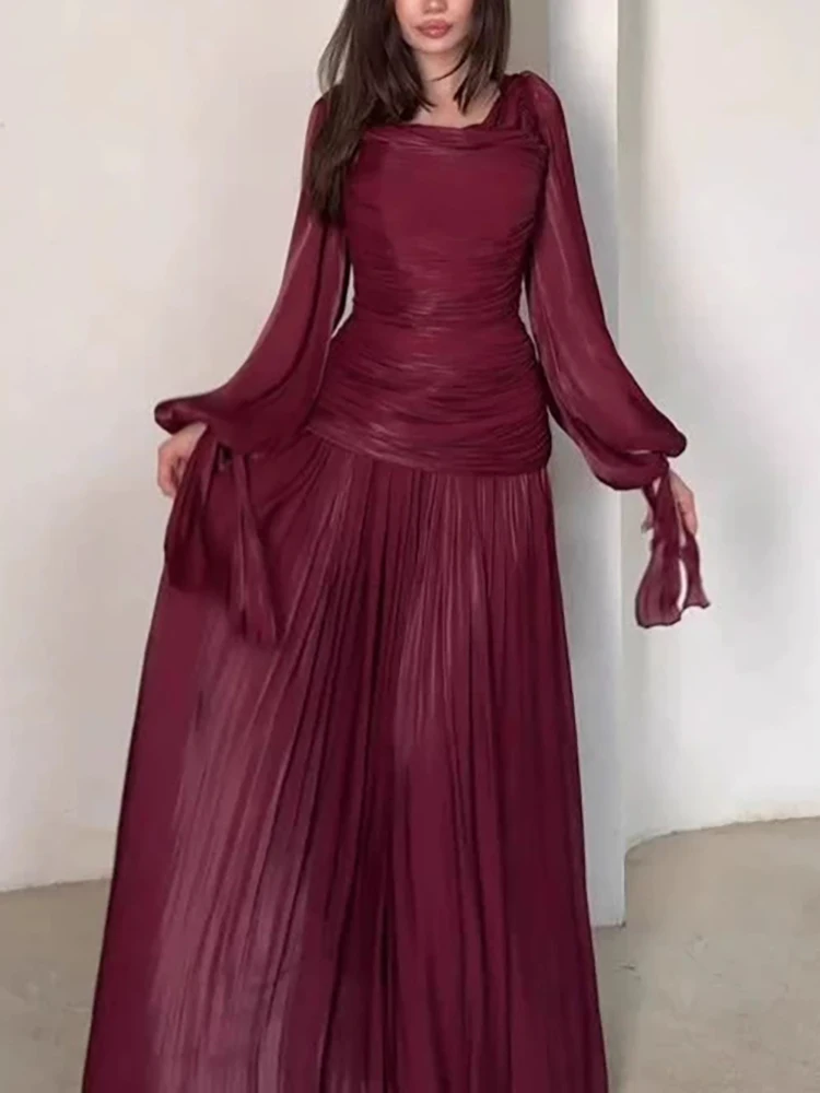 

2026 Casual Commute Waist Party Dresses Elegant O-neck Long Sleeve Evening Dress Women's Fashion Draped Design Solid Long Dress
