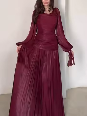2026 Casual Commute Waist Party Dresses Elegant O-neck Long Sleeve Evening Dress Women's Fashion Draped Design Solid Long Dress