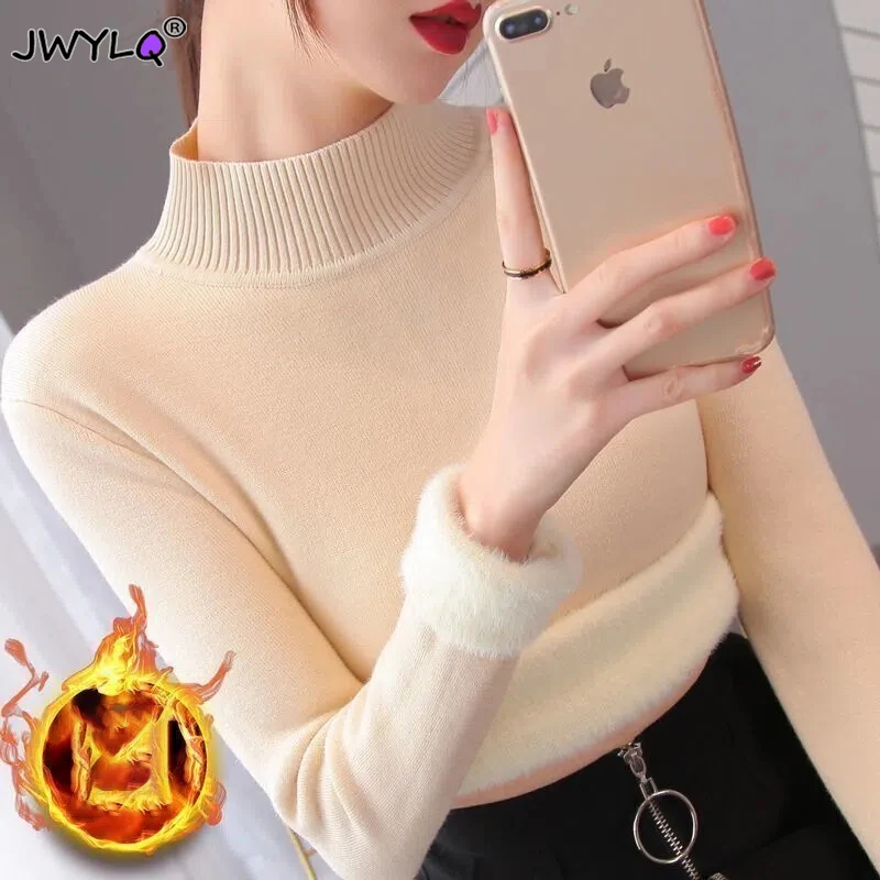 

Winter Turtleneck Soft Plus Velvet Sweater Women Casual Thicken Warm Knit Tops Korean Slim Pullover Plush Lined Knitwear Jumpers