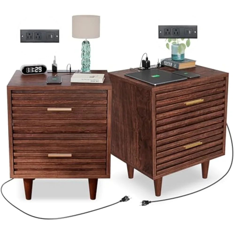 

Night Stand with Charging Station Set of 2, Side Table with 2 Drawers, Mid Century Modern End Table with Storage, Bedside Table