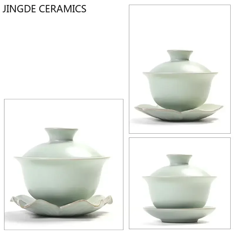 Chinese Style Ru Kiln Sancai Gaiwan Ice Crack Glaze Ceramic Tea Infuser Customize Tea Bowl Porcelain Cup with Lid Teacup