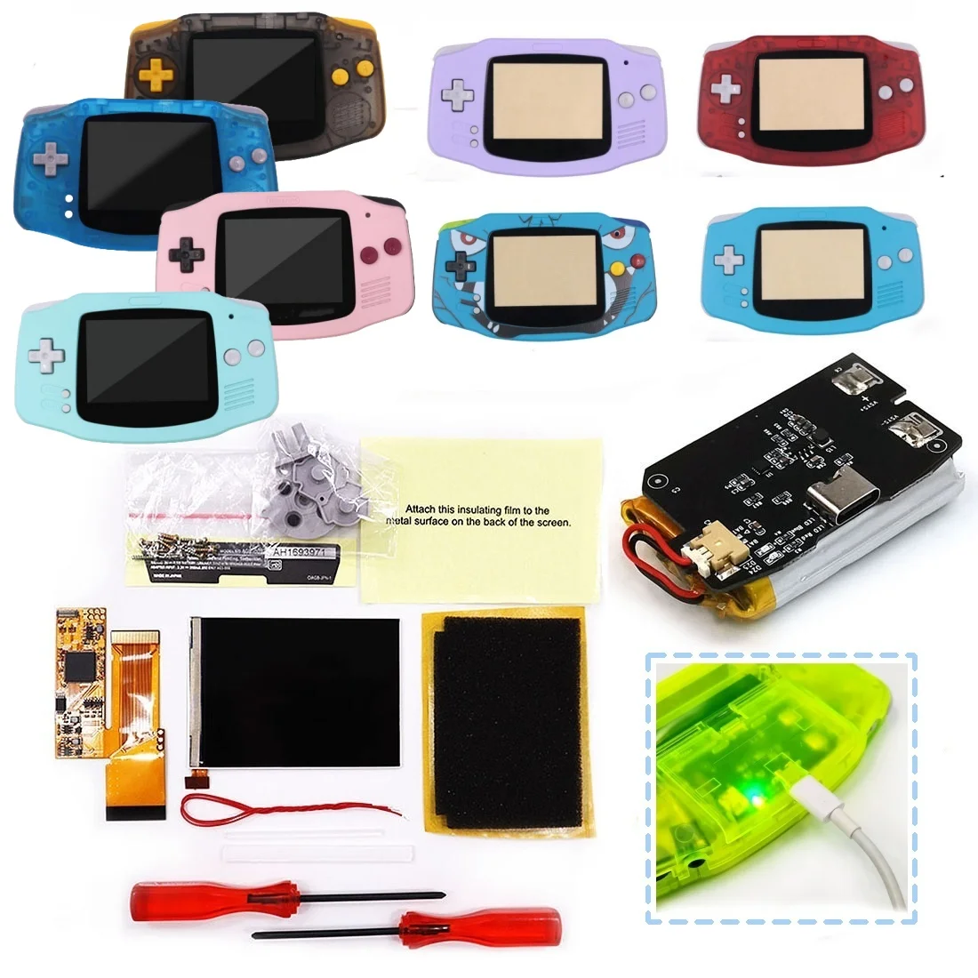 Rechargeable 1800 mah Battery V2 IPS Screen GBA  Back light LCD Screen 10 Levels High BrightnessFor  Game boy Advance w/ housing