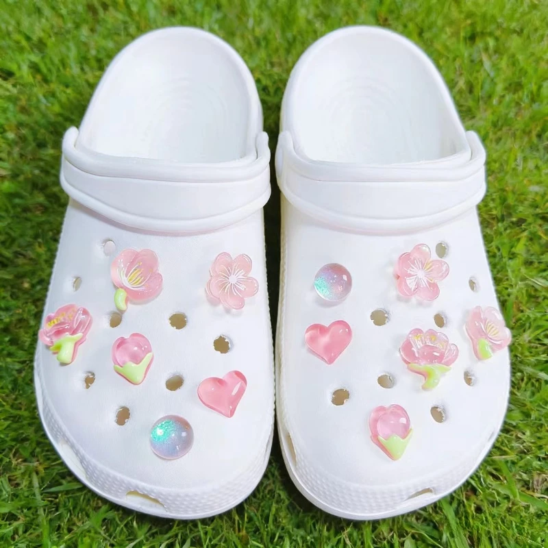 Transparent Cherry Blossom Heart Shoe Charms DIY Accessories for Hole Clog Sandals Gift for Teen Girls Women Party Decor