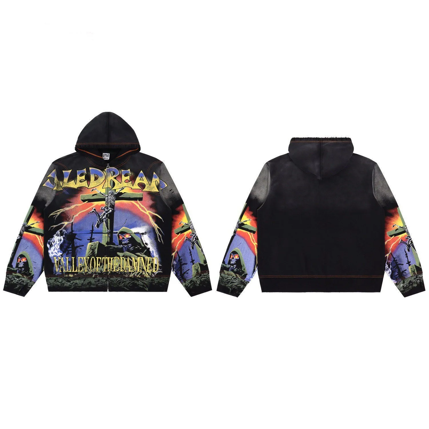 Vale Forever Valley Vintage Washing Old Cardigan Hooded Sweater Men's and Women's Heavy Industry Full Print Casual Zipper Jacket