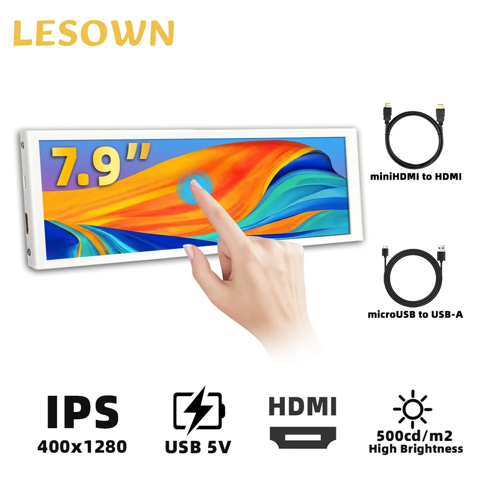 LESOWN 7.9 inch 1280x400 IPS Monitor HDMI Capacitive Touch Small mini Secondary Sub Screen CPU Temperature Display for Computer