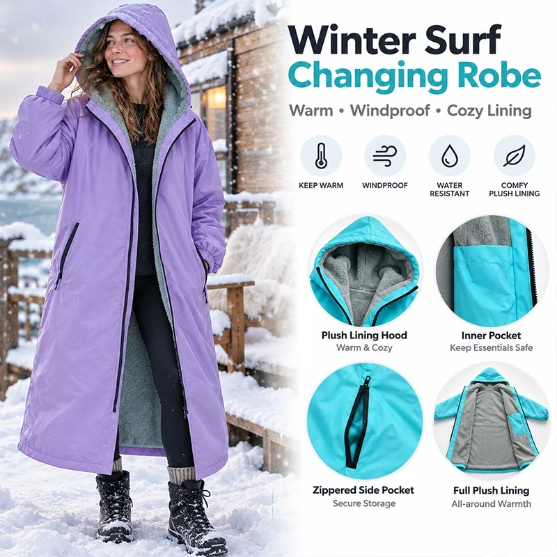 Sherpa Lined Surf Changing Robe Hooded Windproof Water Resistant Long Coat for Outdoor Swimming Beach Winter Activities