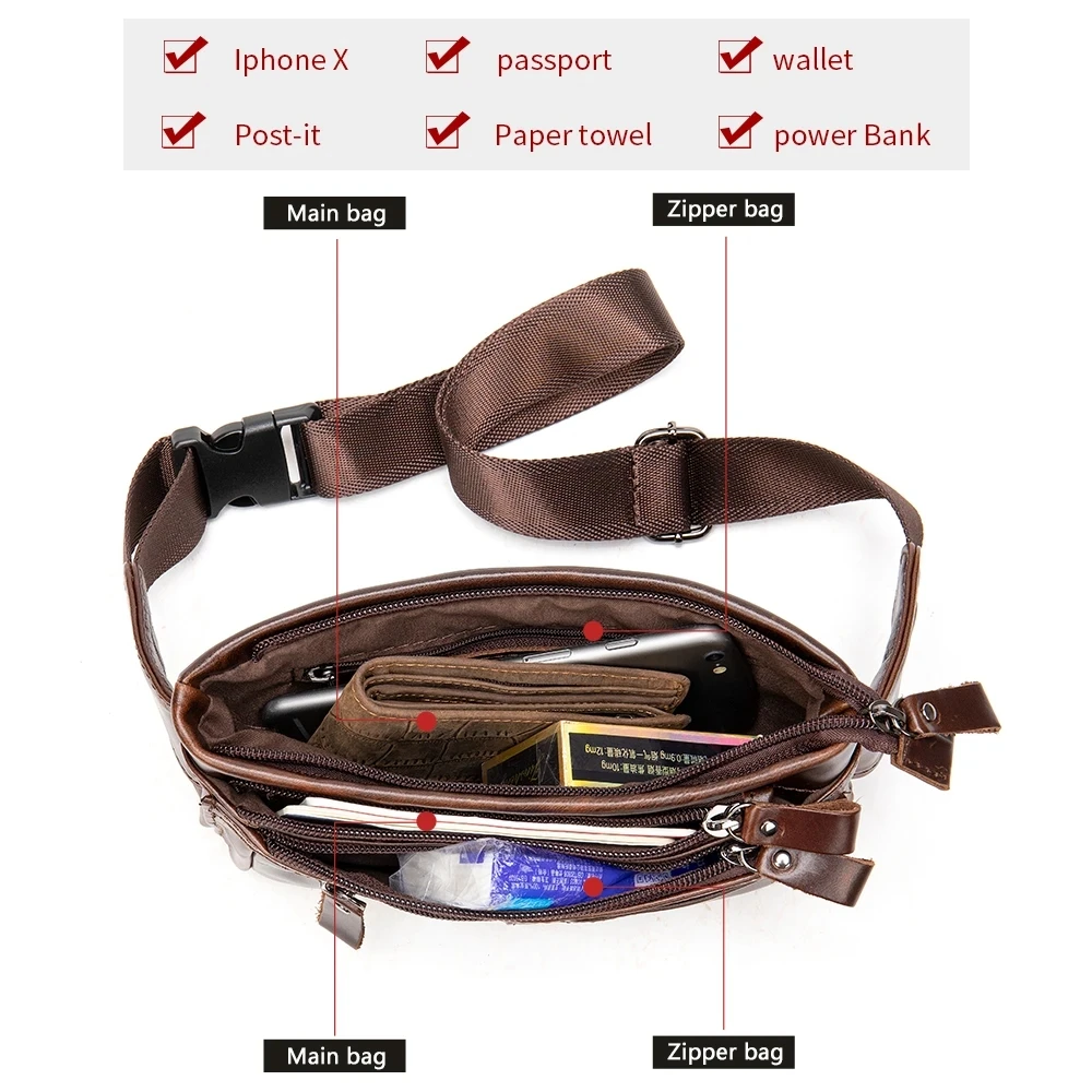 2 Use Crazy Horse Leather Men\'s Waist Bag Fanny Chest Pack Cowhide Belt Bag Male Small Travel Waist Bag For Phone Pouch