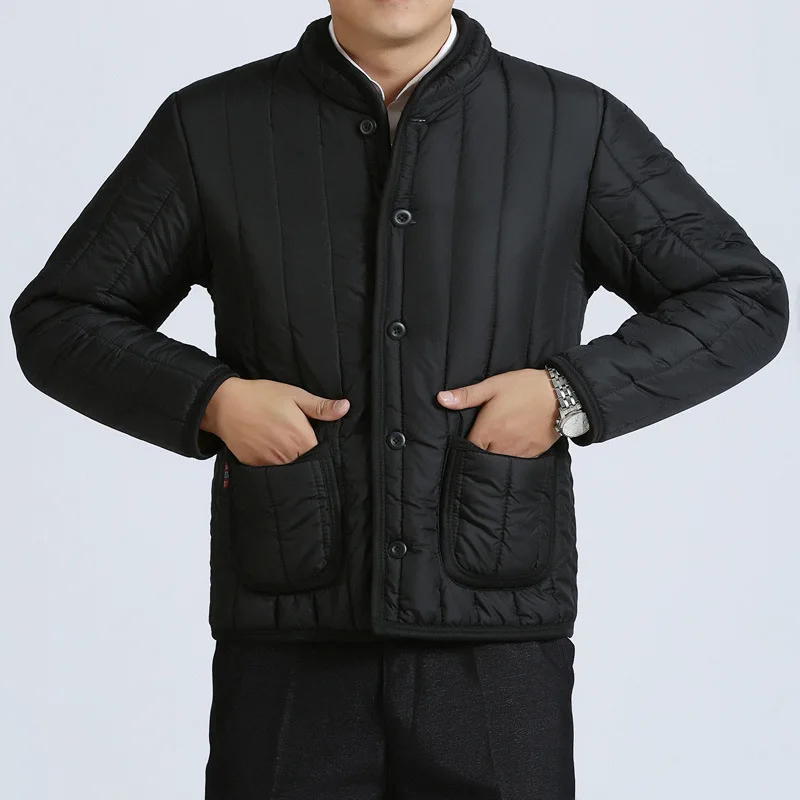 2024 Men's Winter Stand-up Collar Cotton-Padded Clothes Solid Color with Fur Thick Warm Quilted Jacket