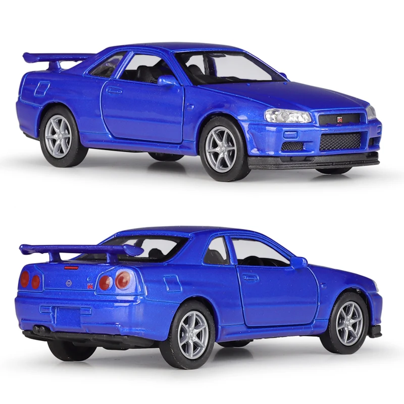 1/36 Nissan Skyline GTR R34 Toy Car Welly Diecast Metal Miniature Model Pull Back Doors Openable Collection Gift For Boy, Kid