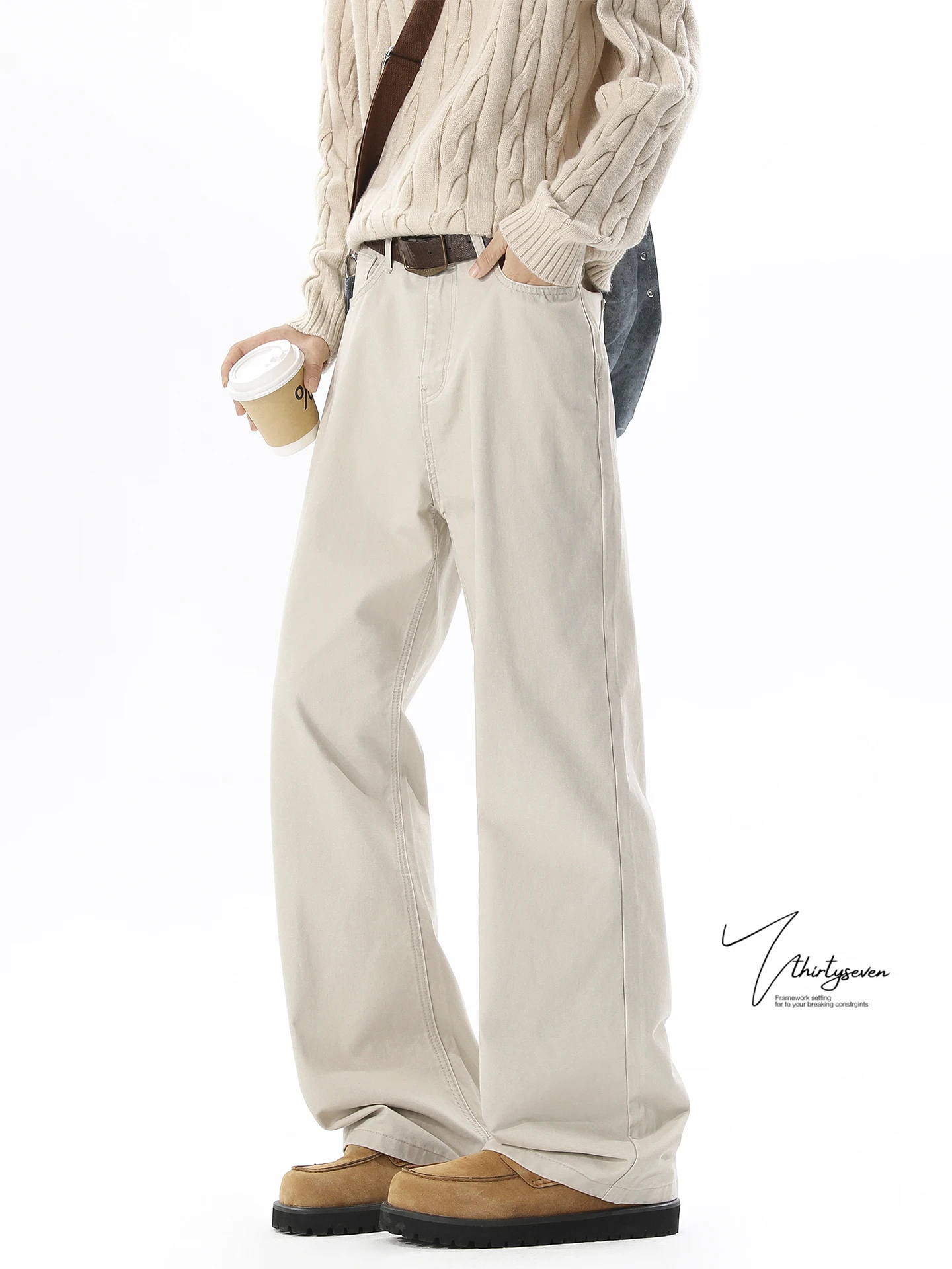 V37 American Style Heavyweight Washed Cotton Straight Leg Workwear Trousers Men Summer Trendy Vintage  Color Wide Leg Lo...