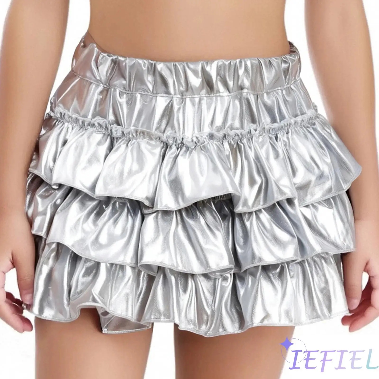 

Kids Girls Dance costume Tiered Ruffles Metallic High Waist Elastic Waistband Skirt Built-in Shorts for Party Stage Performance