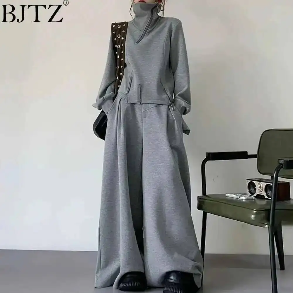 

BJTZ Casual Irregular Sportswear Women's 2025 Spring Autumn Trendy Stand Collar Zipper Design Hooded High Waist Wide Leg Pants