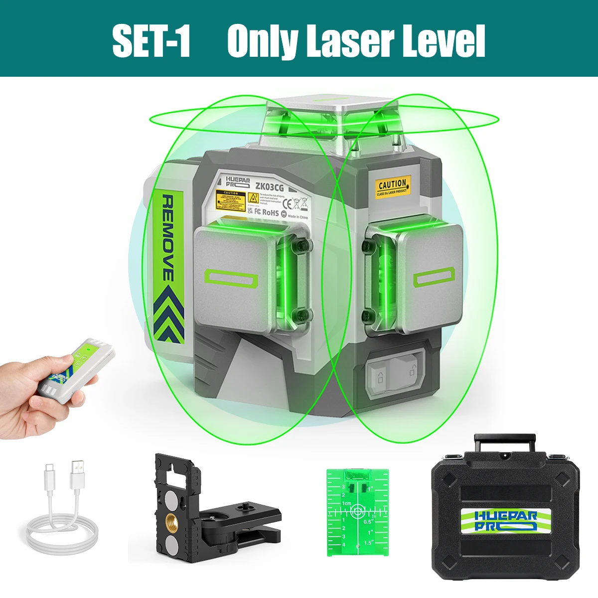 Huepar 12 Lines 3D Laser Level High Accuracy ±2mm/10m Self-leveling Green Beam 360°Cross Line Laser Tools With Li-ion Battery