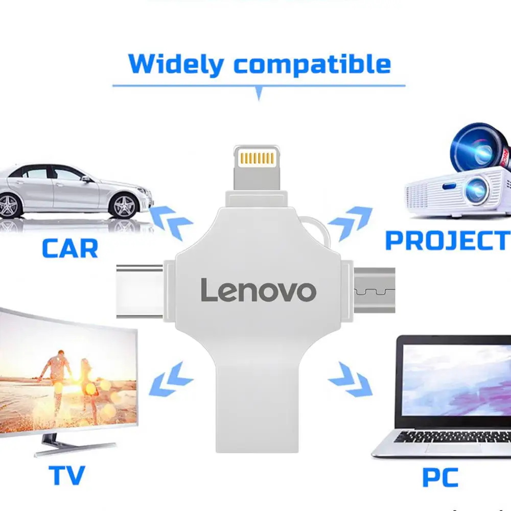 Lenovo-Pen Drive Lightning OTG, Pen Drive USB para iPhone, iPad, Android, Pendrive 1TB, Memory Stick 4 em 1 para PC, 2TB, 128GB, USB 3.0