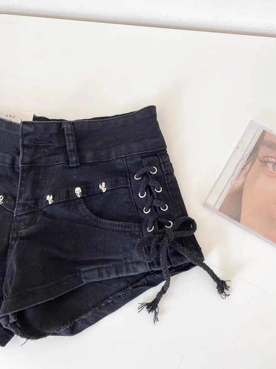 Cross Lace-up Low-rise Slim Black Denim Shorts for Women's Summer New Ropa De Mujer Jeans Y2k Shorts