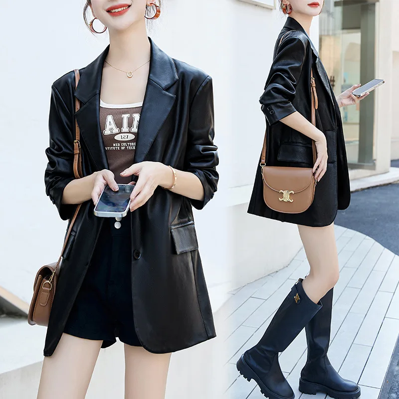 2024 Black Sheepskin Leather Coat for Women's Spring and Autumn  New Loose, Small, Elegant, and High end Explosive Street Suit