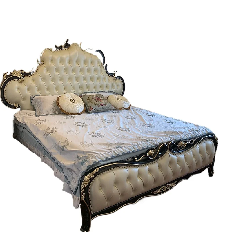

European bed 1.8 meters neoclassical solid wood carving flower leather luxury princess wedding bed