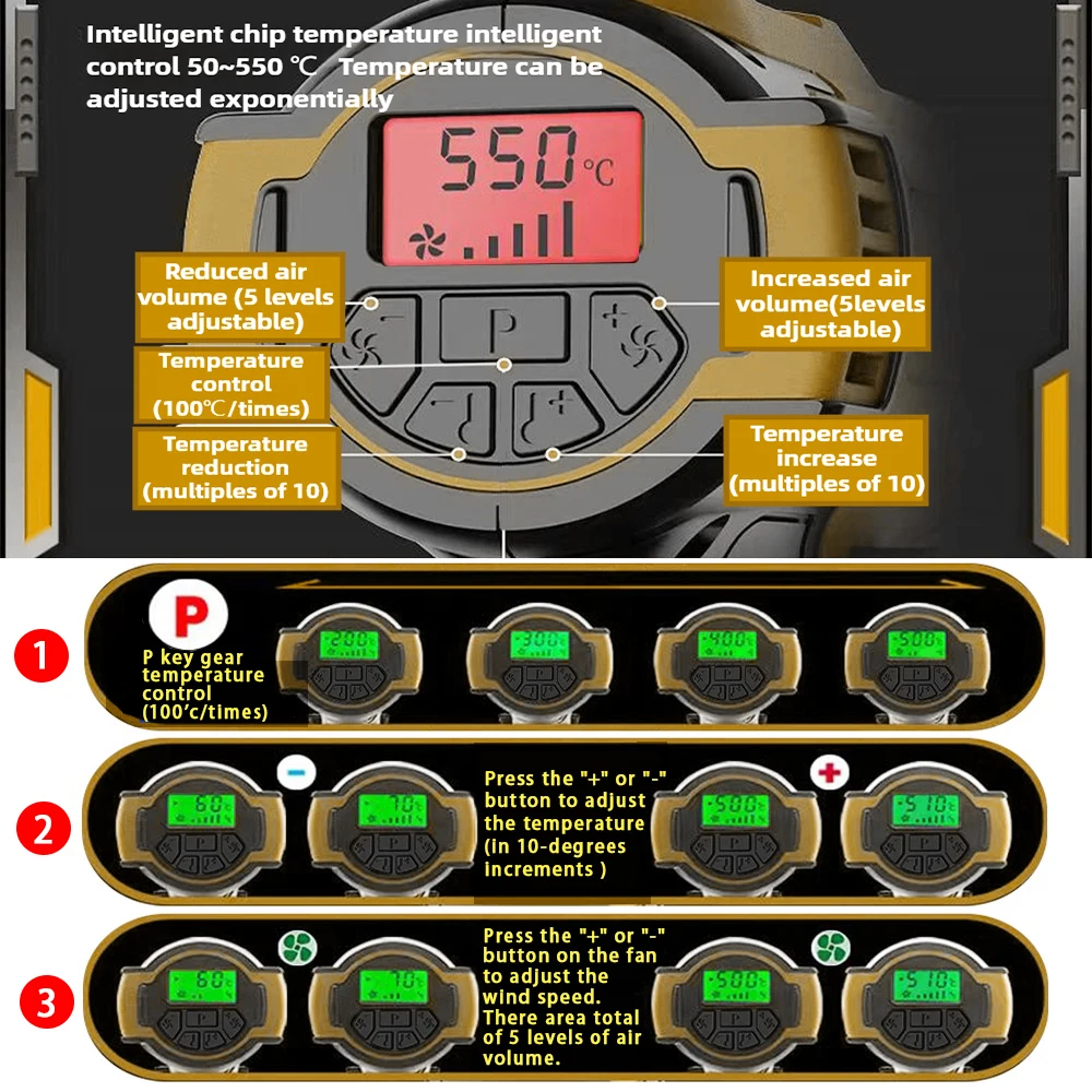 VILASTING Термофен 550р. ℃   Беспроводная электрическая тепловая пушка с регулируемой температурой и насадками, светодиодный дисплей для аккумуляторного штифта Dewalt 18 В