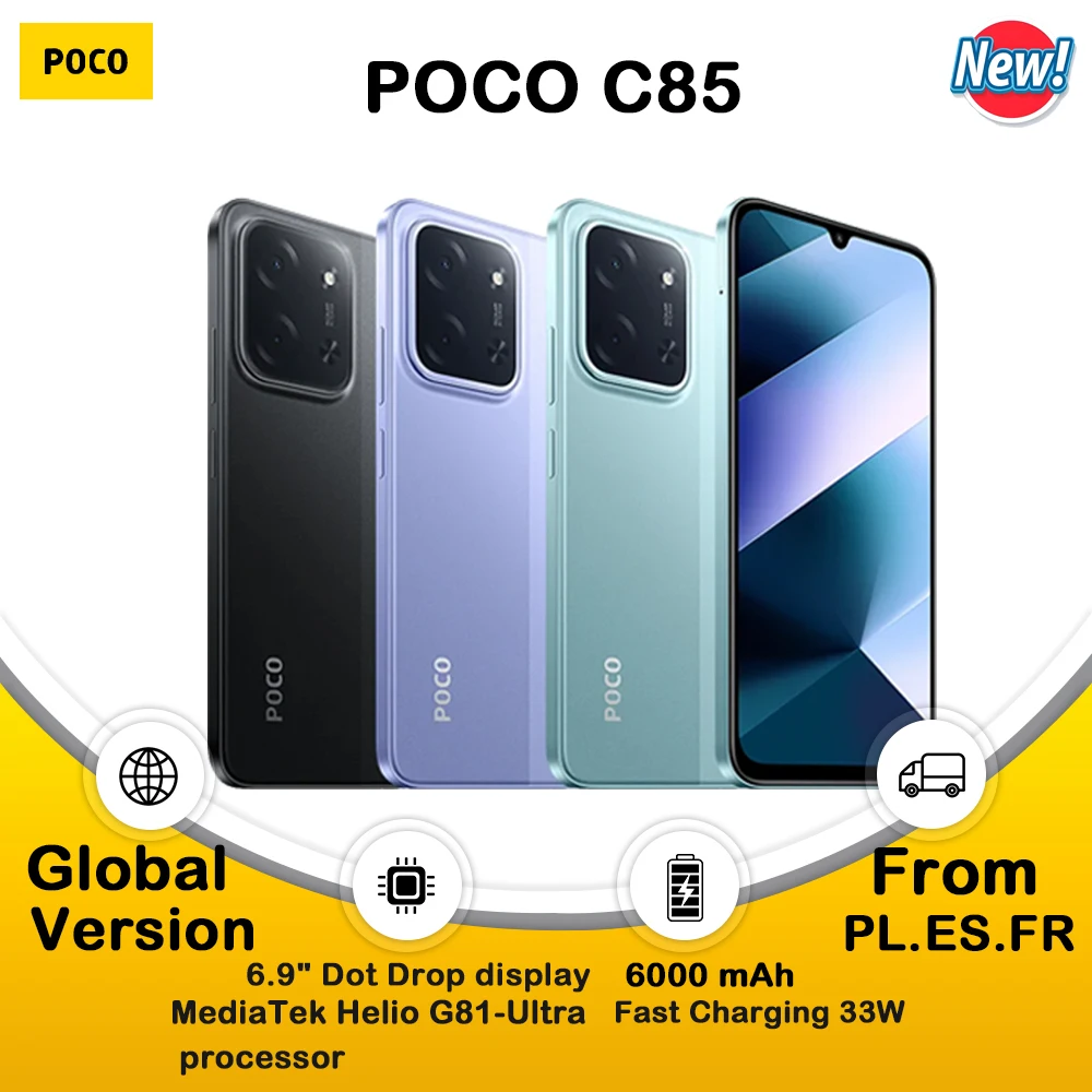 Smartphone POCO C85 NFC, double appareil photo 50MP avec IA, écran immersif 6,9 pouces, processeur octa-core puissant, 6000mAh