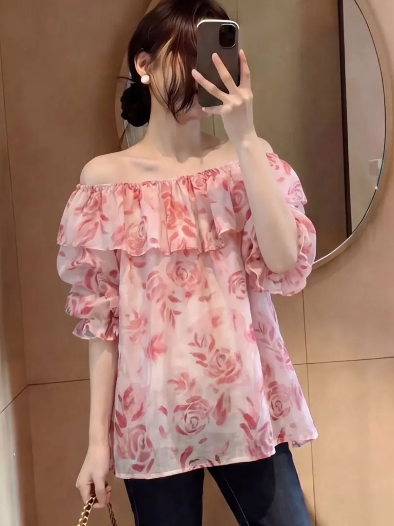 

Women's Short Sleeve Chiffon Shirt Floral Embroidery One-Shoulder Design Summer Commute Style Loose Fit Korean Fashion