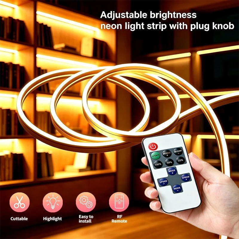 Neon Strip with US Plug, Knob-Type Control Key Rope Light, Warm White/White Light Optional, Knob Adjustable Brightness
