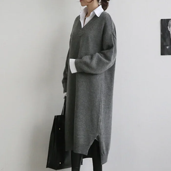 Los Gebreide V-hals Trui Jurk Knielange Onderkant Overhemd Over-Knie Lange Rok Grijze Kleur Vroege Herfst Nieuwe Stijl Koreaanse Fashio