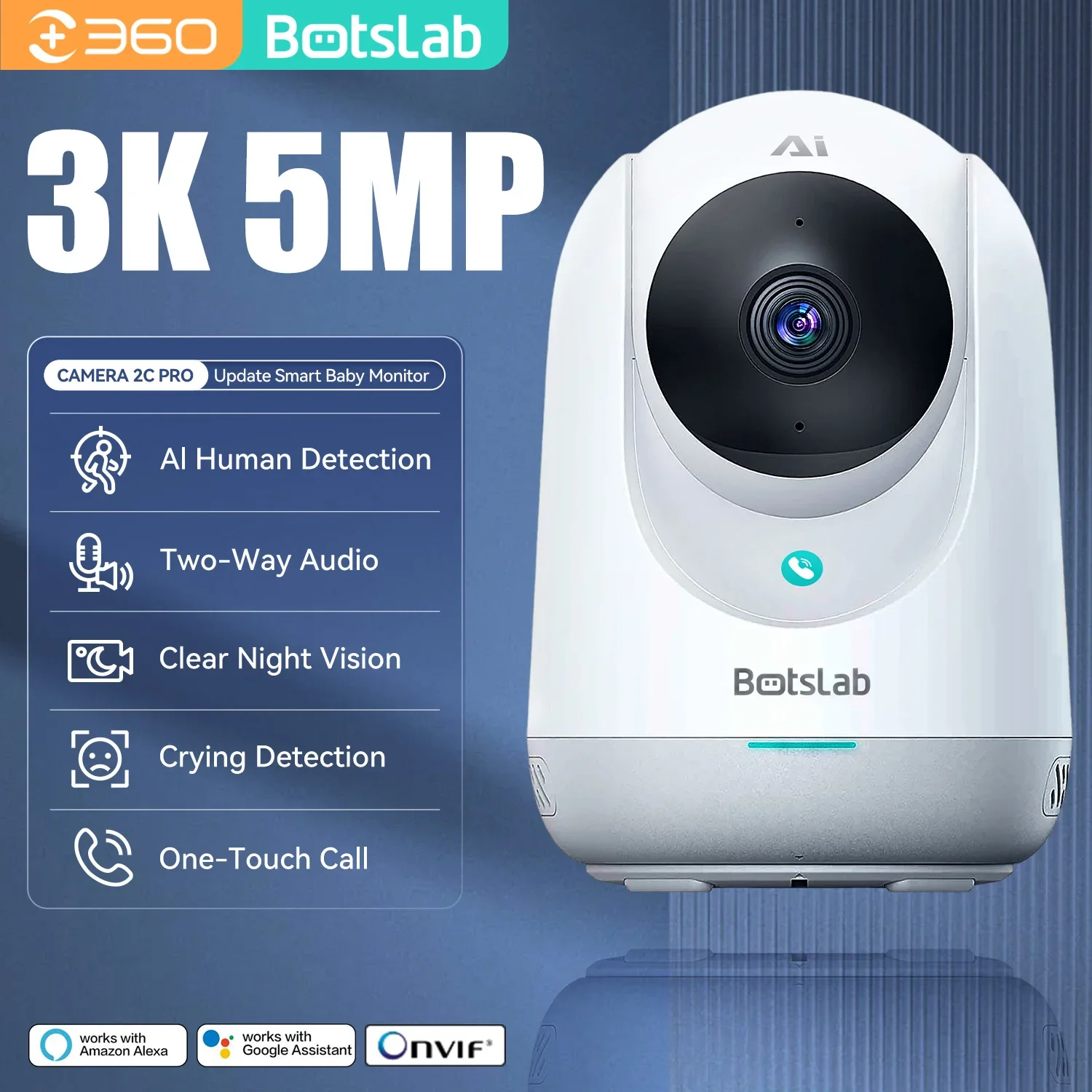 Botsponge 3K 5MP Wifi 360 ° kamera keamanan cerdas AI deteksi manusia & pelacakan deteksi menangis kamera bayi penglihatan malam bicara dua arah