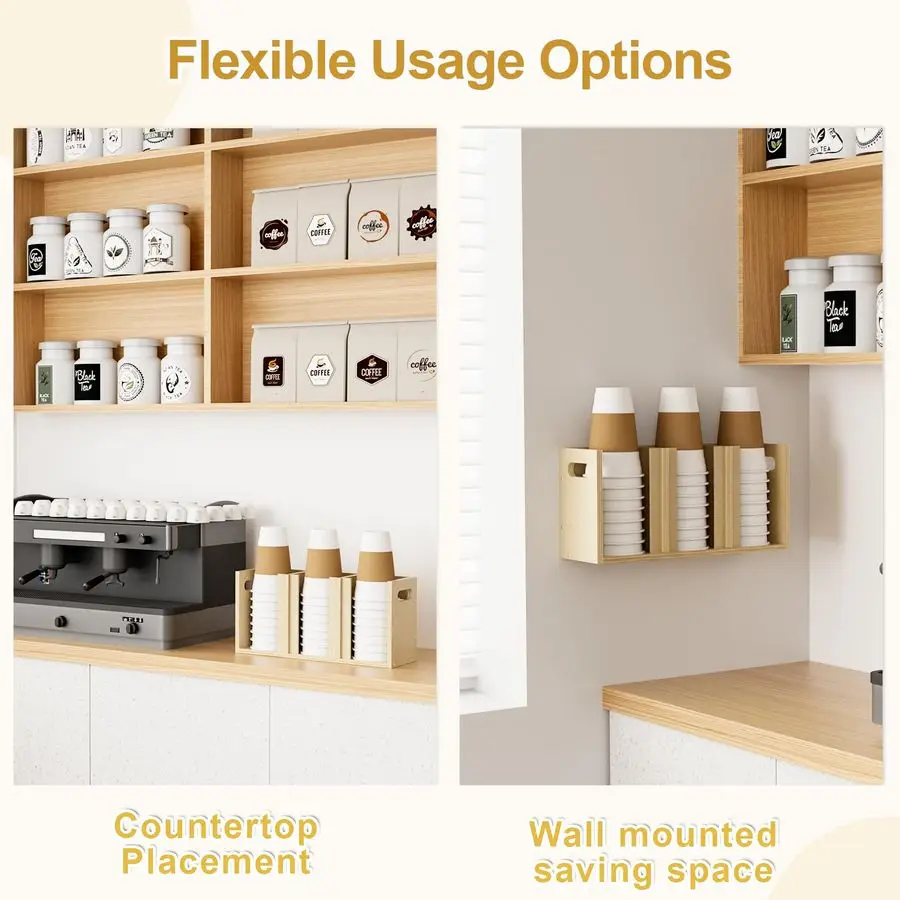 Органайзер с крышкой для чашек, 3 отделения с регулируемыми перегородками для настенного крепления на столешнице, одноразовое хранилище для чашек и крышек, кухня Restaura