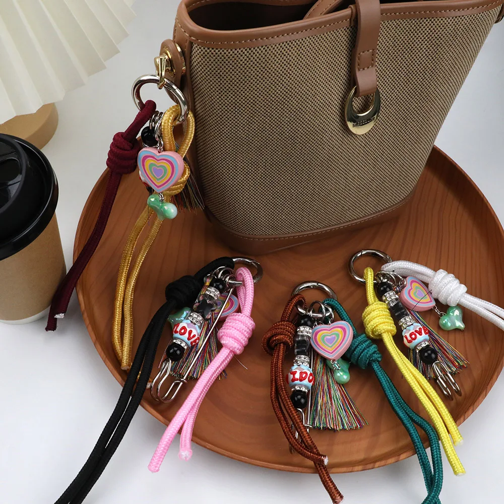 Y2K Multi-Color Rope Bag Decorations Keychains Tassels Beaded Bag Pendant Charms Versatile Rainbow Rope Phone Hanging Cord 2024