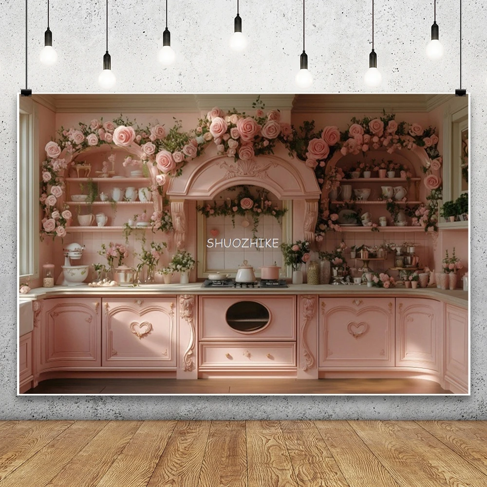 عيد الحب المطبخ خلفية الوردي خزانة الورد الزهور النساء عيد ميلاد الزفاف حفلة خطوبة ديكور التصوير الخلفية