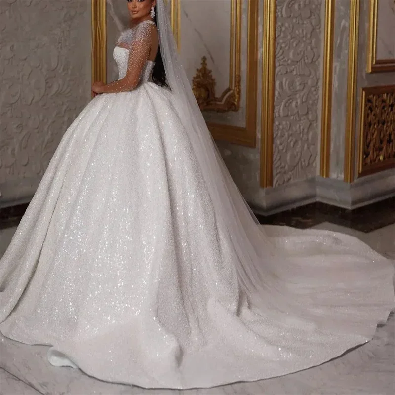 Vestido de novia africano brillante, lujoso vestido de novia de corte a, cuentas de lentejuelas, mangas largas, vestido de novia de Dubái personalizado