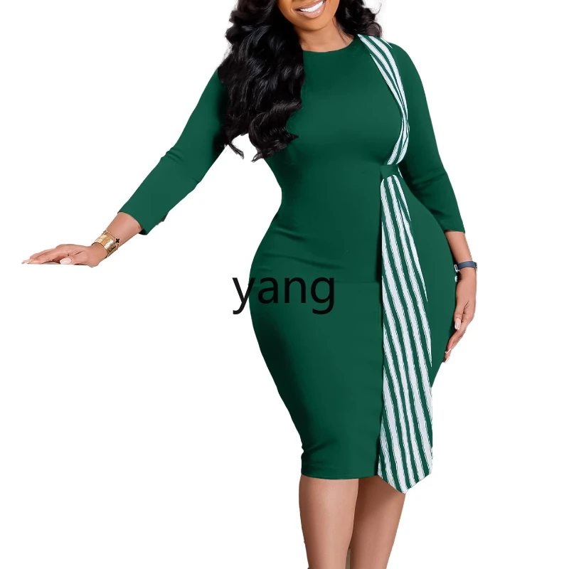 

LMM large size women's clothing new temperament fashion hip wrap thin round neck pencil skirt