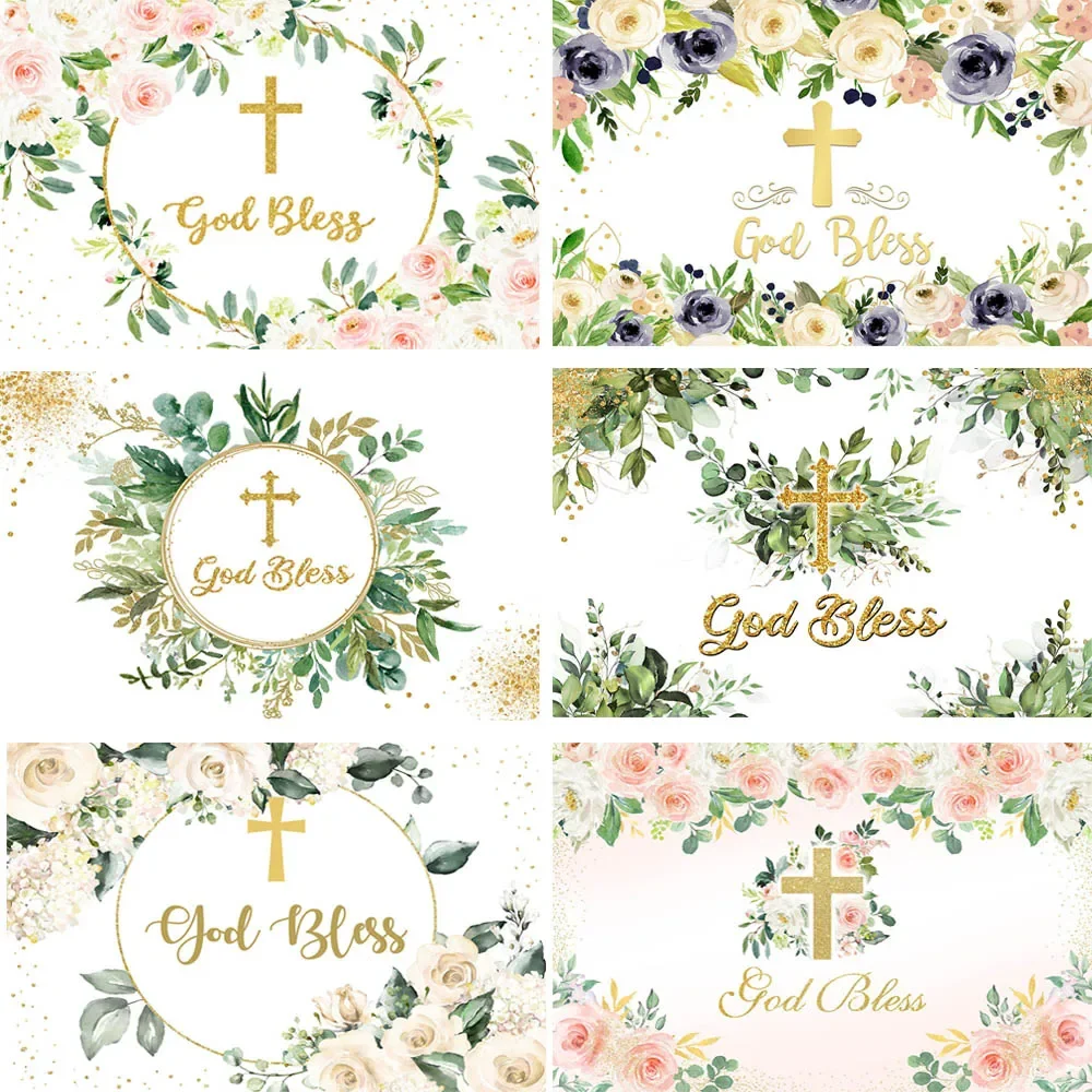 

God Bless Baptism Backdrop Green Leaf Flower Golden Cross First Holy Communion Birthday Party Background Cake Table Decor Banner