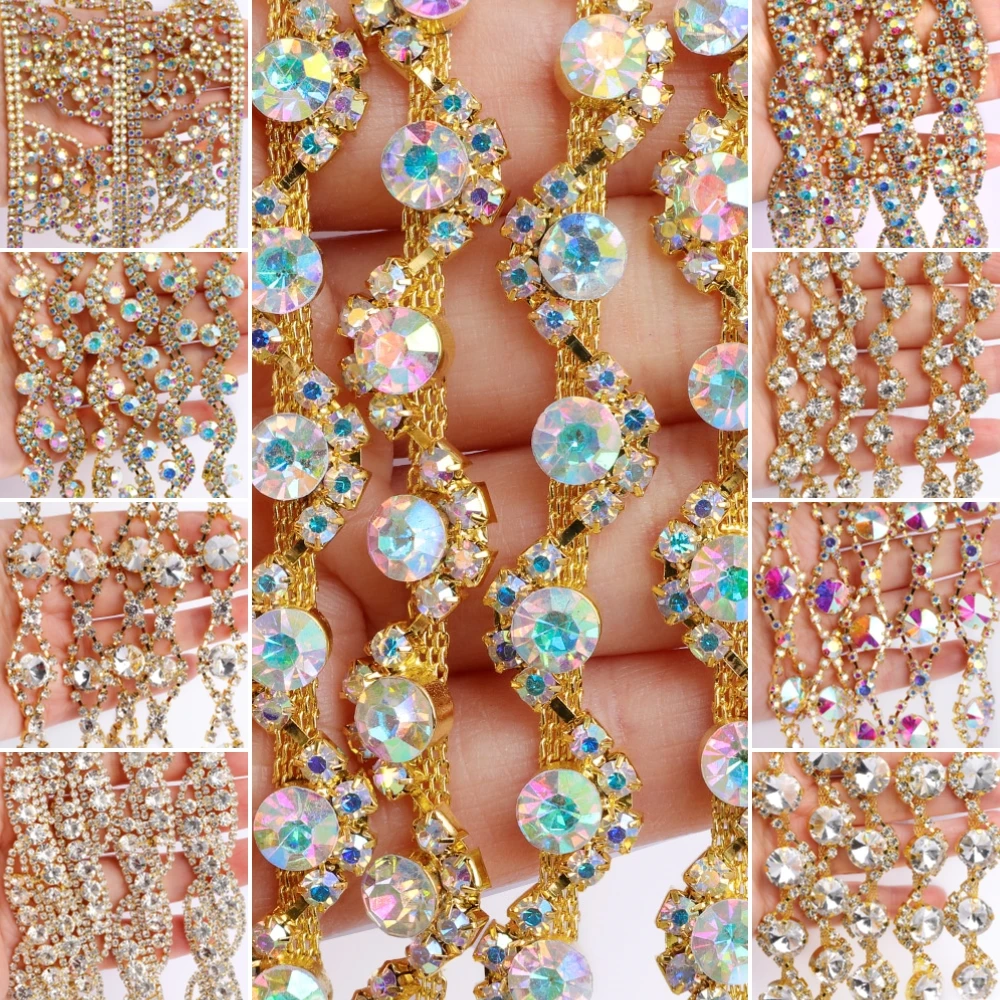 Various Styles 5 Yards Glass Sew On Rhinestone Applique Trim Chain Glitter Golden Base Crystal AB for Sewing Clothes Accessories