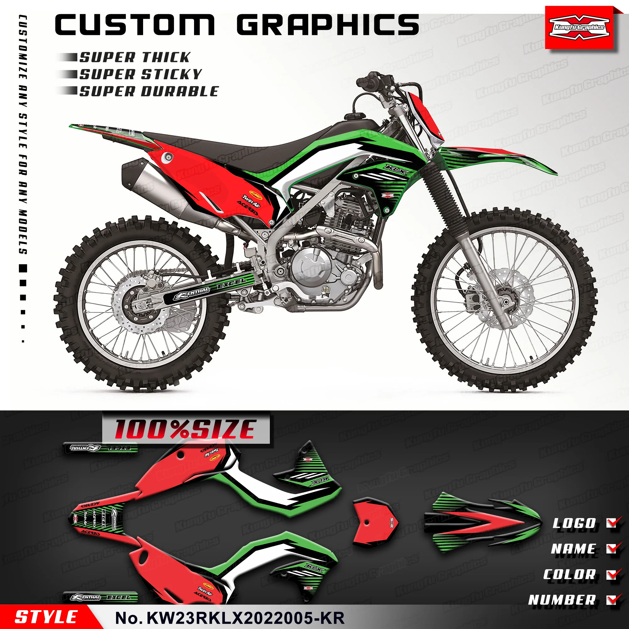 KUNGFU GRAPHICS Motorcycle Decals Vinyl Graphics for Kawasaki KLX230R KLX230RS 2020 2021 2022 2023 2024, KW23RKLX2022005-KR