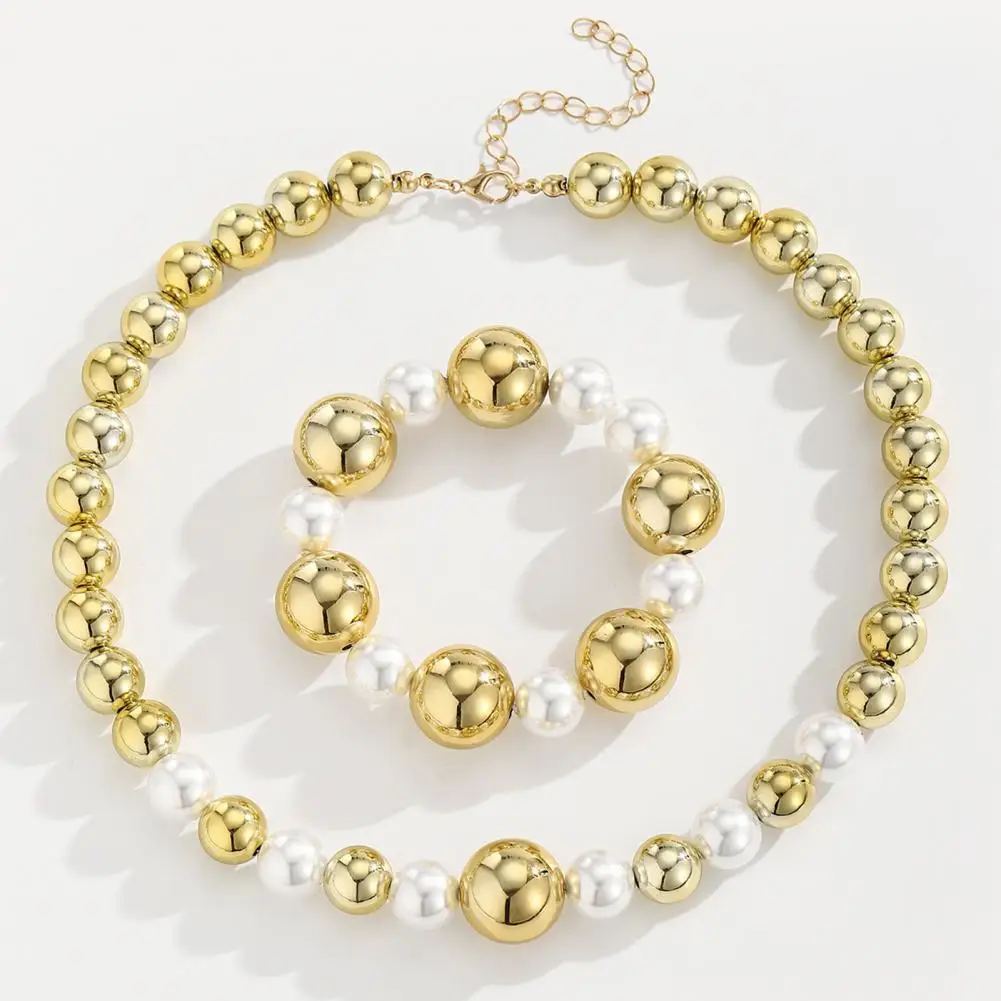 1 Set Imitation Pearl Necklace Bracelet Retro Punk Style Beaded Choker Necklace Metallic Golden Bead Bracelet Women Jewelry Gift