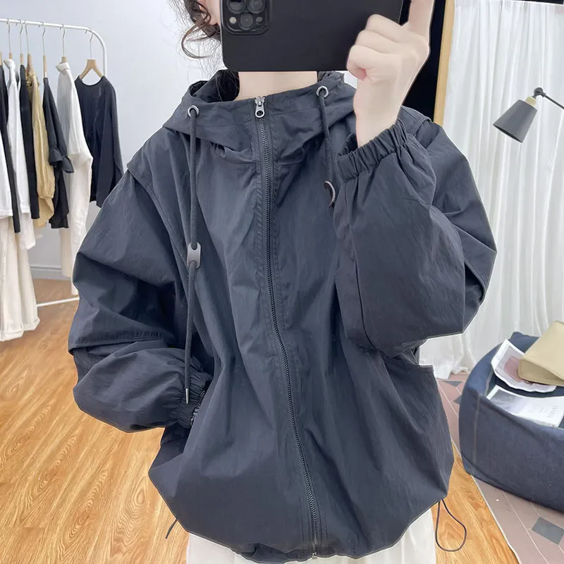Women's ort Hooded Jaet Korean Sle Loose Slimming Windbreaker Autumn Faion Stand Collar Versatile Casual Top