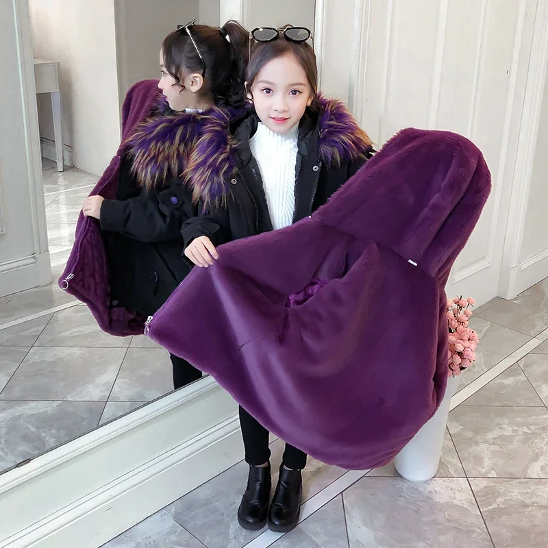 

Winter Cotton Coats Parka Baby Girls Clothes Black Design Plush Fur Inside Keep Warm Hooded Jackets 4 5 6 7 8 9 Years Child Girl