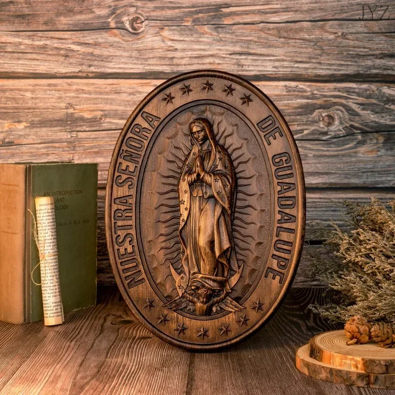 

High Quality Religious Oval Wood Carving Virgin Mary of Guadalupe Statue Ornament Home Decor