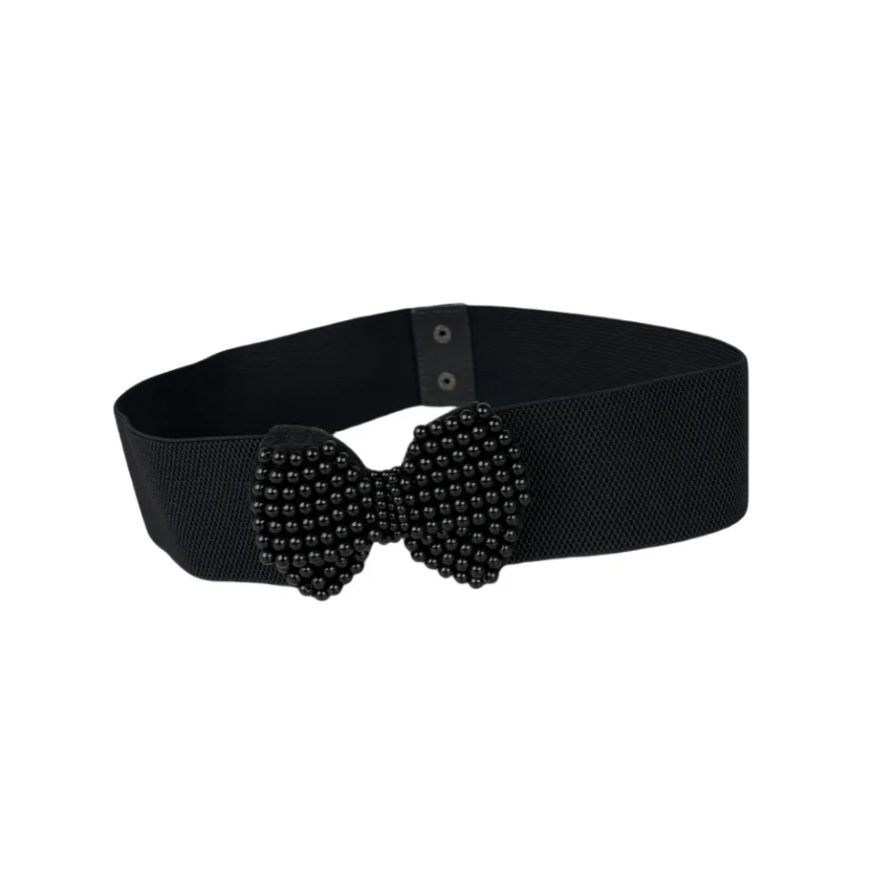 

Black Elastic Belt Han Lady Pearl Bow Waist Seal Dress Coat Versatile Decorative Belt Belt for Women Luxury Fabric Belt