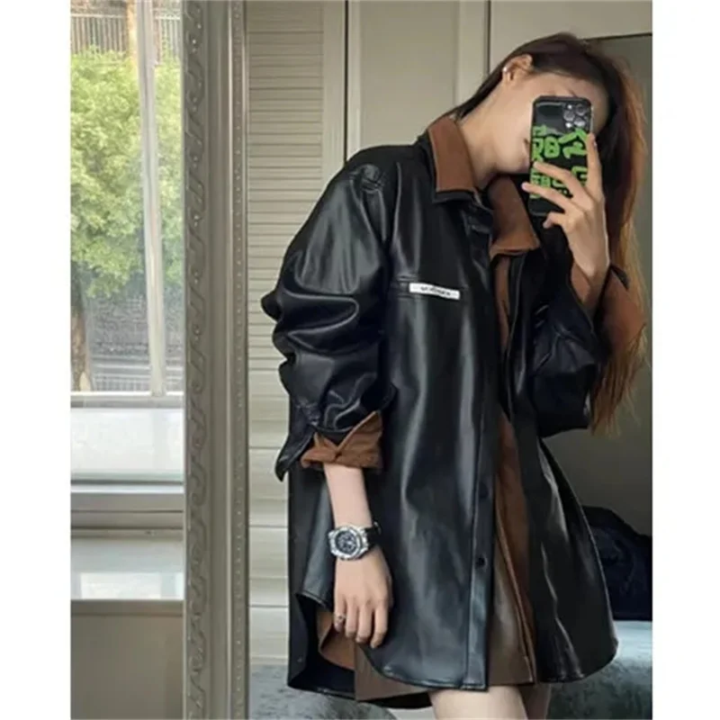 เสื้อโค้ทหนัง PU สไตล์ลำลองสำหรับผู้หญิง ฤดูใบไม้ผลิ ฤดูใบไม้ร่วง 2025 แฟชั่นเสื้อแจ็คเก็ตหนังเทียมแขนยาวสไตล์เกาหลี