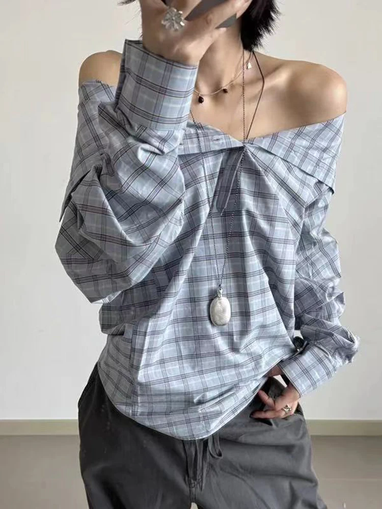 Retro checkered loose mid-length shirt - French light luxury slim-cut half-collared high-neck multi-layered shirt for women