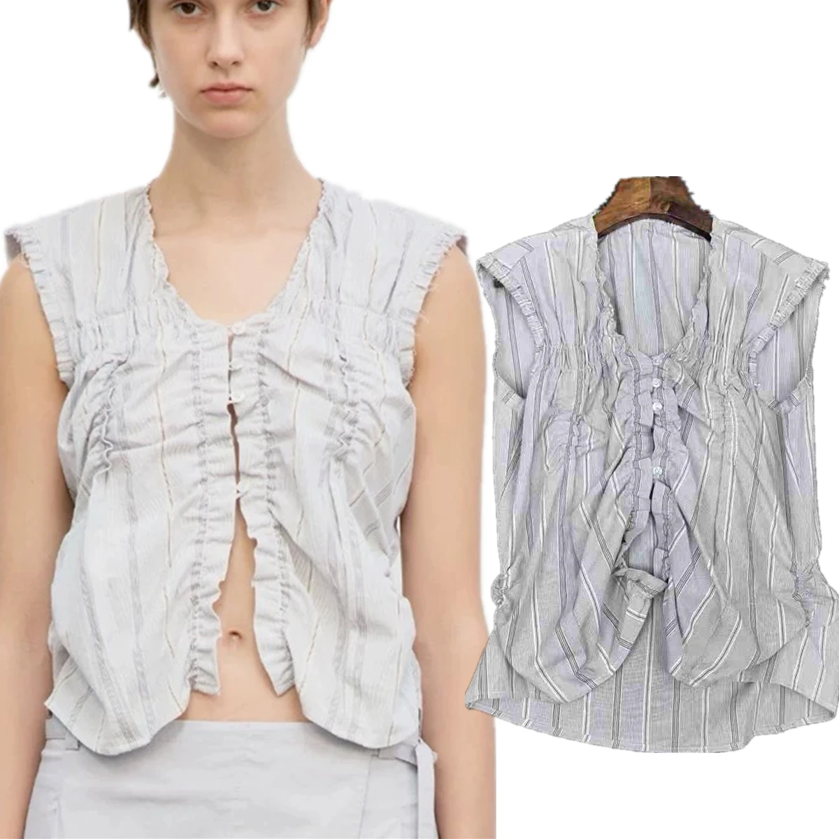 

Maxdutti Minimalist French Retro Striped Casual Tank Tops Summer Blouse Striped Pleated Sleeveless Shirt Top For Women