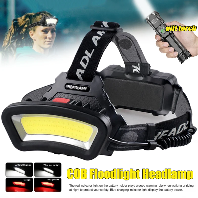 COB LED Wide Headlamp Wide Range Lighting USB Rechargeable LED Wide Angle Headlight with Battery Level Display 2*18650 Batteries