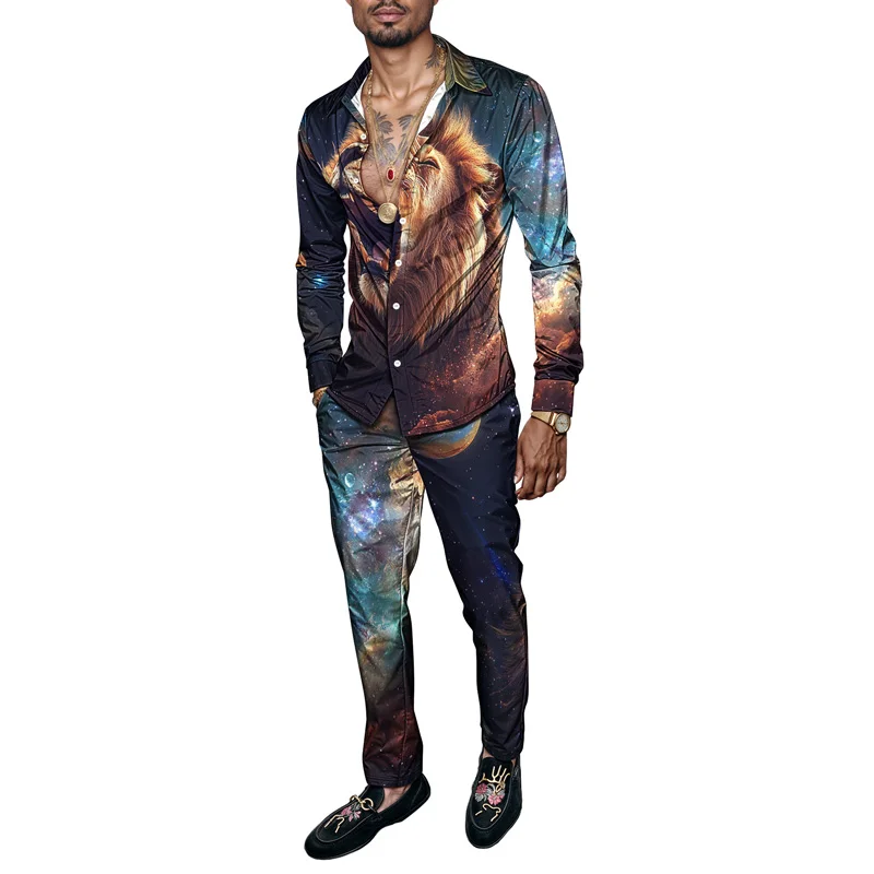 

2026 Весенне-летний мужской комплект рубашек с принтом льва, модный комплект из 2 предметов с животным принтом, мужской легкий праздничный костюм с длинными рукавами и принтом