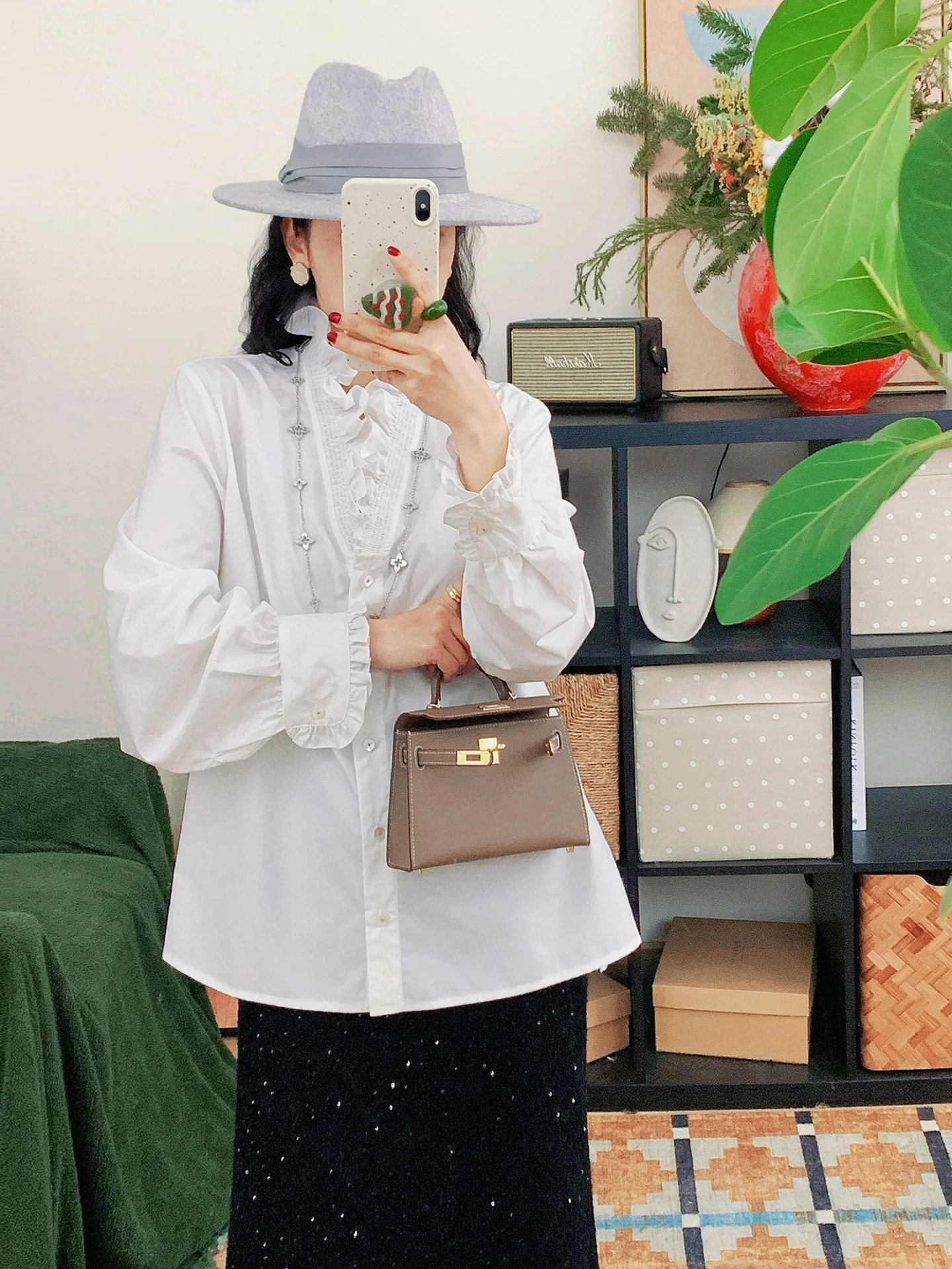 

Ele Splicing Wooden Ear Loose Design Women's irt Stand Collar All-Match irt Girl's Faion Polyester Long Sve