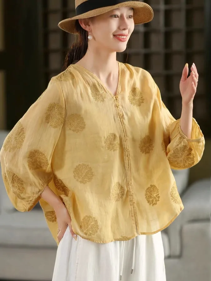 엘리 자수 코튼 린넨 여성용 얇은 여름 신상 슬레 랜턴 스타일 오픈 가디건 브이넥 레귤러 길이